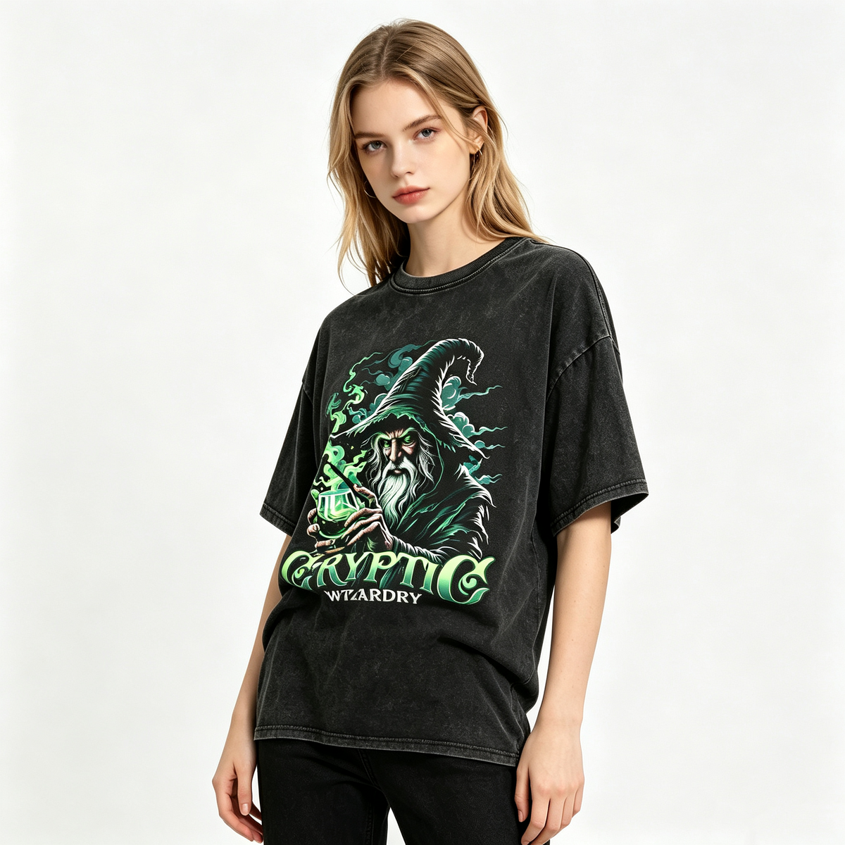 Women's American-style vintage-wash green "Magic Wizard" print short-sleeve T-shirt; loose-fit, drop-shoulder tee with a dark fantasy/subculture aesthetic.