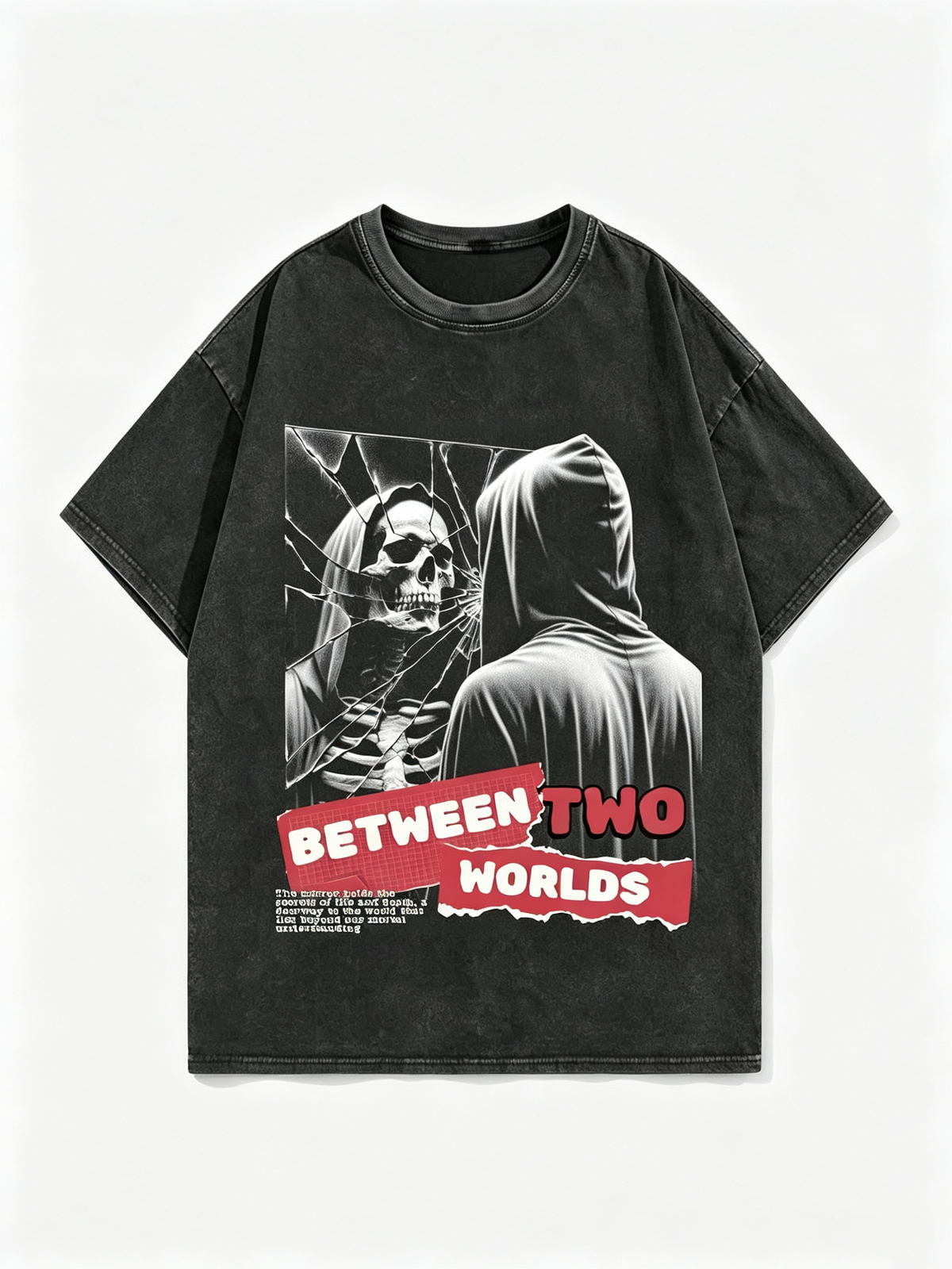Women's Distressed Washed T-Shirt – Oversized Drop-Shoulder Tee with Mirror-Effect Skull & Portrait Graphic (Dark Subculture Style)