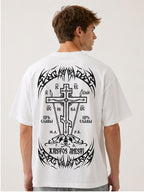 Unisex Vintage-Style Oversized T-Shirt: Heavyweight Acid-Washed Cotton with Gothic Cross & Skull Prints (Front & Back) – Dark Religious Aesthetic