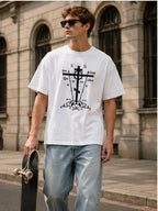 Unisex Vintage-Style Oversized T-Shirt: Heavyweight Acid-Washed Cotton with Gothic Cross & Skull Prints (Front & Back) – Dark Religious Aesthetic