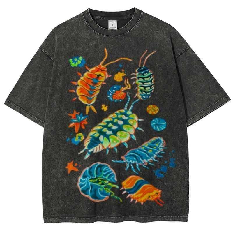Acid-Washed Vintage-Style Graphic Tee – Heavyweight, Oversized, Unisex – Cool "Woodlouse" Print – Retro Niche Insect Design