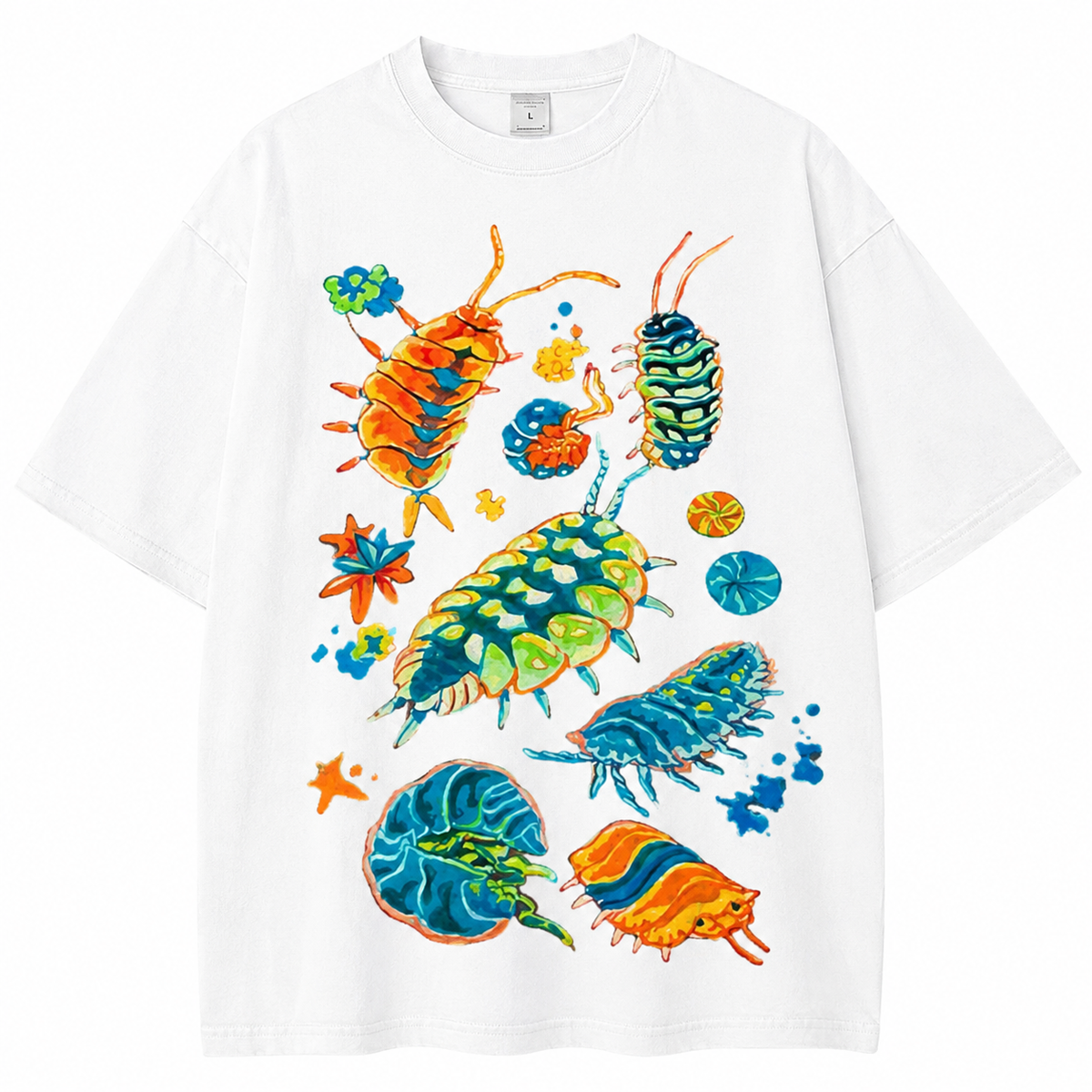 Acid-Washed Vintage-Style Graphic Tee – Heavyweight, Oversized, Unisex – Cool "Woodlouse" Print – Retro Niche Insect Design