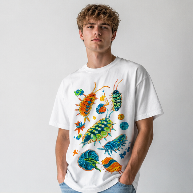 Acid-Washed Vintage-Style Graphic Tee – Heavyweight, Oversized, Unisex – Cool "Woodlouse" Print – Retro Niche Insect Design
