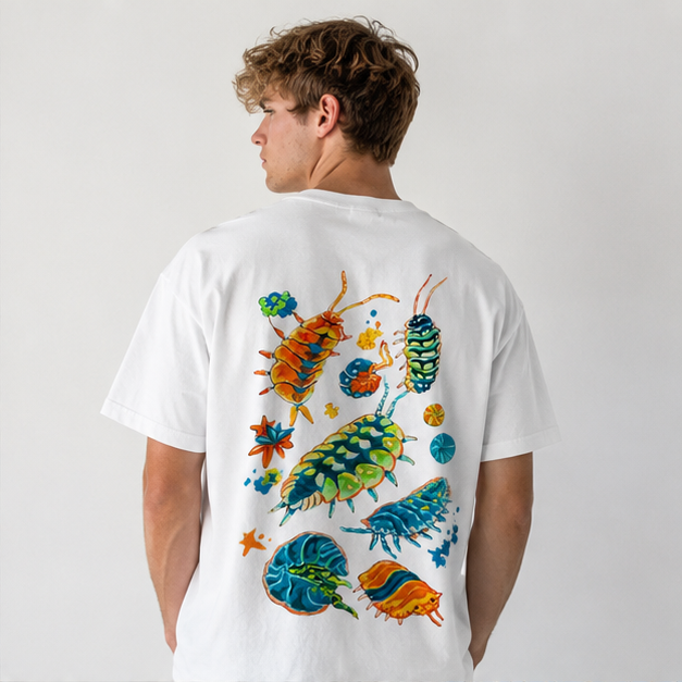 Acid-Washed Vintage-Style Graphic Tee – Heavyweight, Oversized, Unisex – Cool "Woodlouse" Print – Retro Niche Insect Design