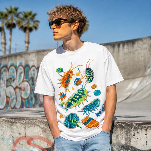 Acid-Washed Vintage-Style Graphic Tee – Heavyweight, Oversized, Unisex – Cool "Woodlouse" Print – Retro Niche Insect Design