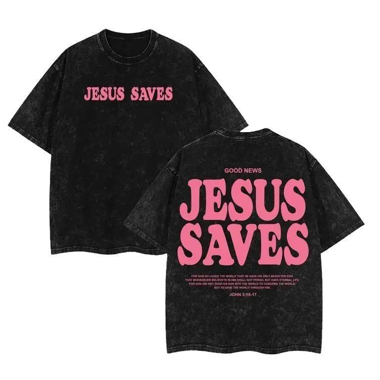 "JESUS SAVES" Vintage-Wash Oversized Unisex T-Shirt – Heavyweight Cotton with Front & Back Christian Graphic Prints & Bible Verse