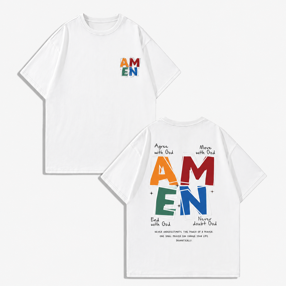 AMEN Acid-Wash Distressed Oversized Unisex T-Shirt – Heavyweight Washed Cotton with Front & Back Colorful Lettering (Christian Faith Theme)