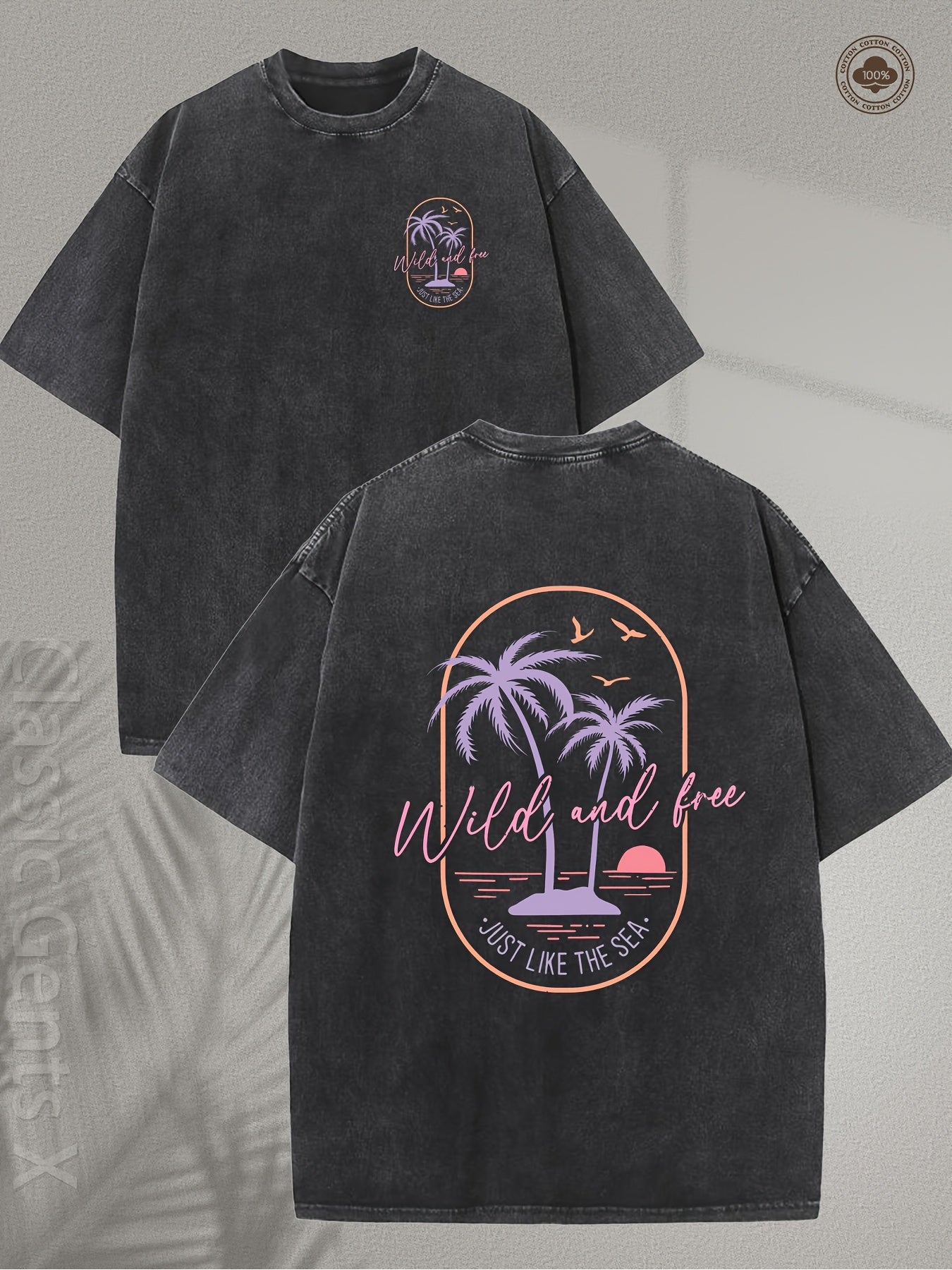 Men's Heavyweight 230g 100% Cotton T-Shirt - Vintage Surf Style with Tropical Palm Tree & Surfboard Print, Light Pink & Orange Retro Beach Design, Loose Fit Short Sleeve Tee for Surfing, Vacation, Casual Wear - Ideal Surf Gift