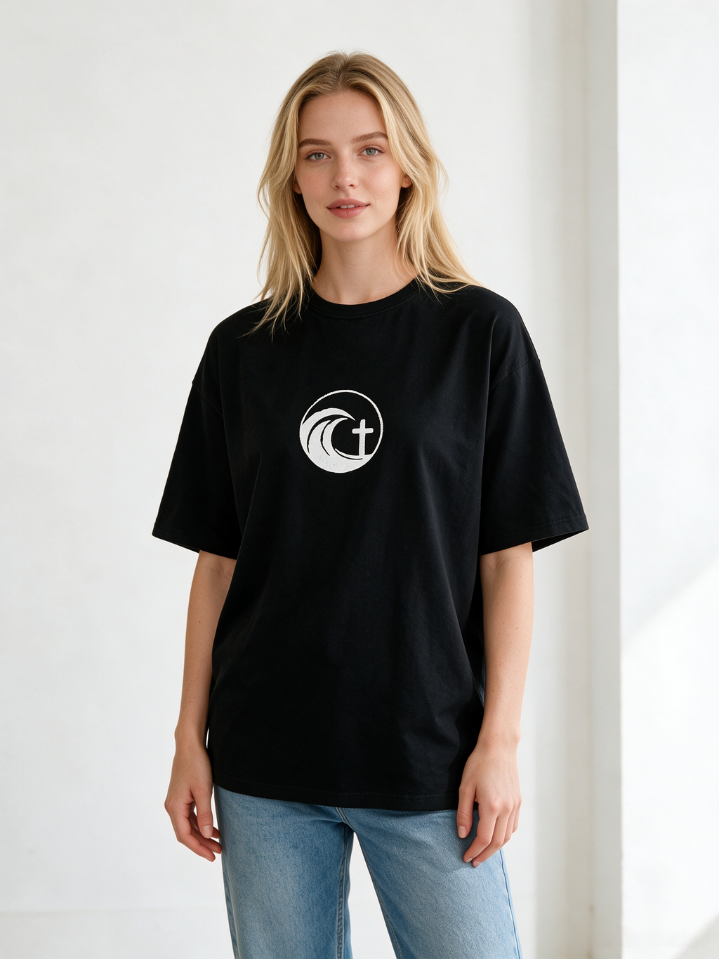 "Living Water" Cross and Ocean Wave Double-Sided Print T-Shirt – 100% Cotton, Distressed Washed Finish, Loose-Fit Short-Sleeve Tee with Religious/Faith Theme