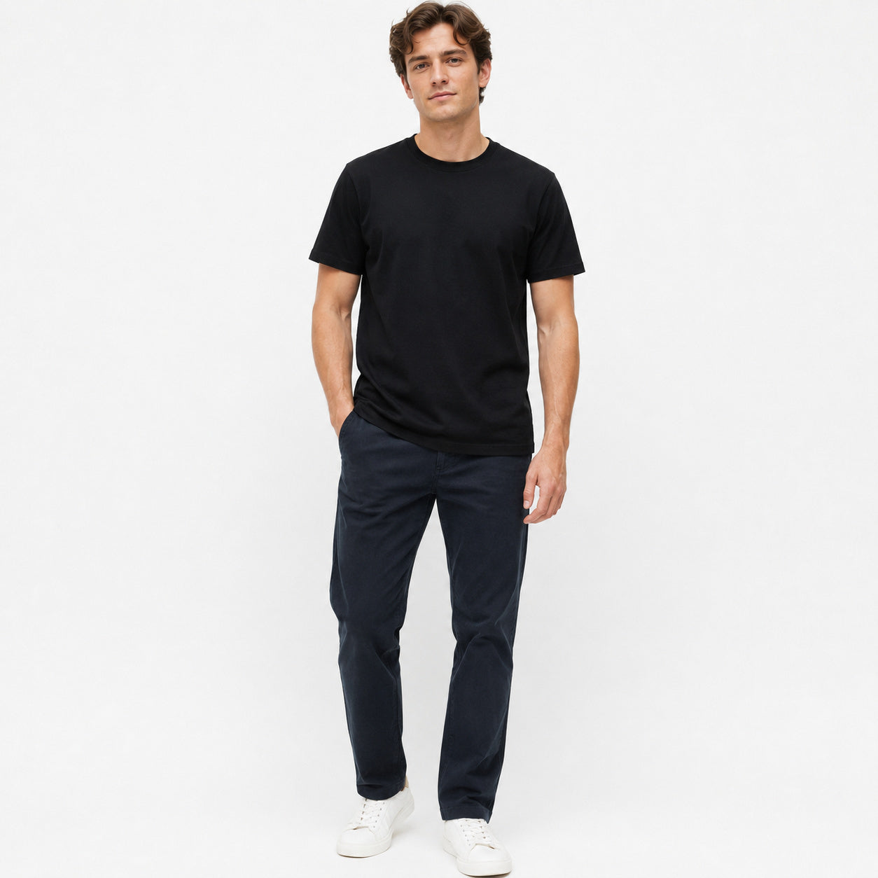 Men's black pure cotton crew-neck T-shirt—a versatile wardrobe essential.