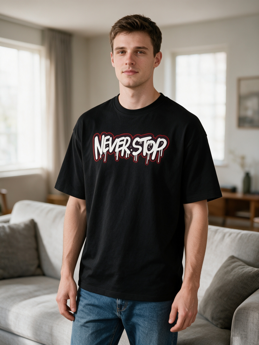"NEVER STOP" Graffiti Letter Print Short-Sleeve T-Shirt – Heavyweight Pure Cotton, Oversized, American Retro Hip-Hop Streetwear Style