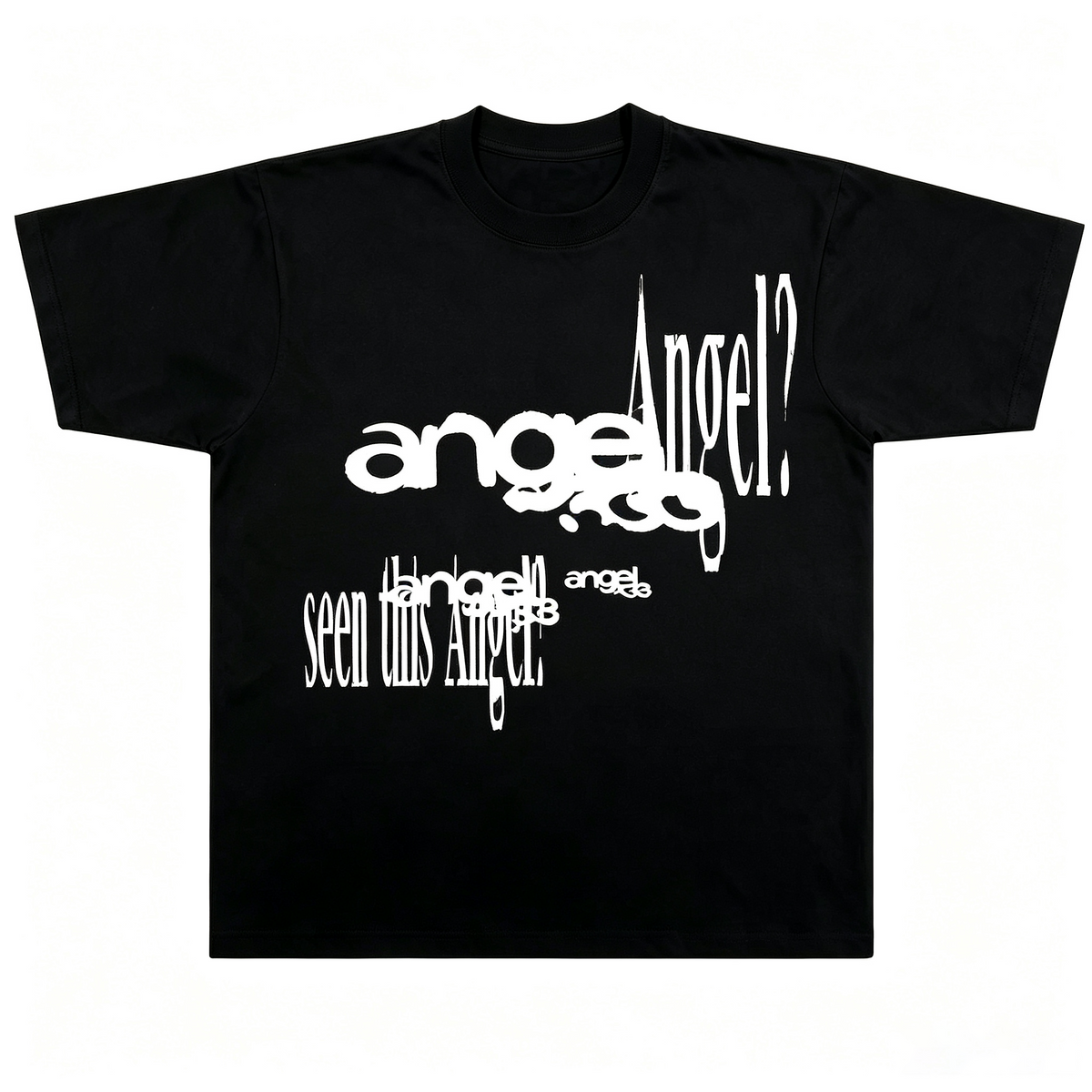 Black 100% Cotton Short-Sleeve T-Shirt – Oversized, High-Street Hip-Hop Style for Women – Featuring Distressed/Distorted "Angel" Lettering Print
