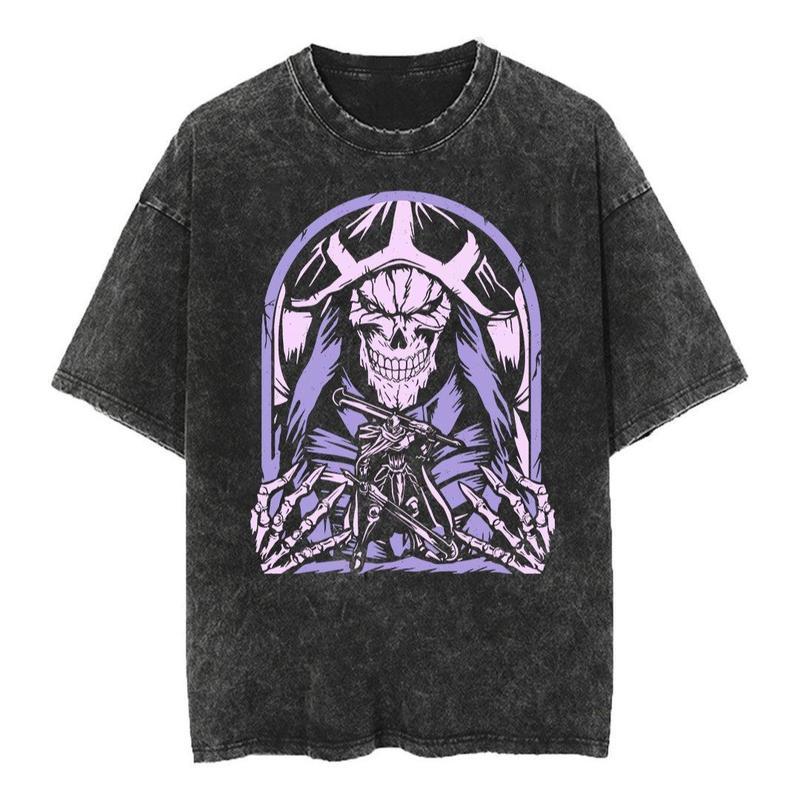AINZ OOAL - Anime Retro Street Style Washed Crew Neck Anime T-Shirt,Unisex Fashion Graphic Tee,Streetwear Clothing,Trendy Outfit,Anime lover t-shirt FO300915