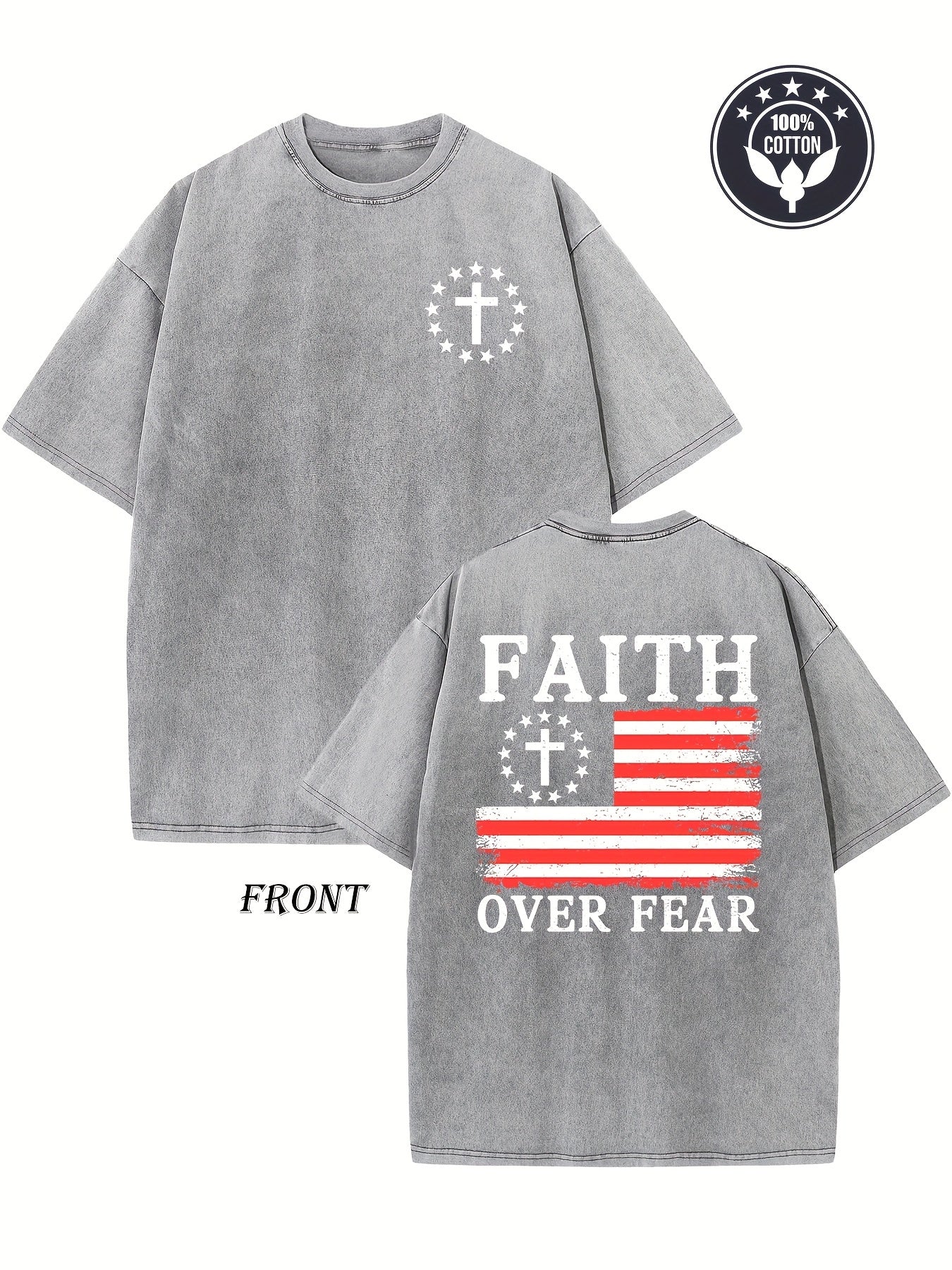 Vintage "Faith Over Fear" Duplex Printing Washed 230G Drop Shoulder T-Shirt | Unisex Retro Street Basic Loose Fit Hip Hop Top, Crew Neck, All-Season Wear