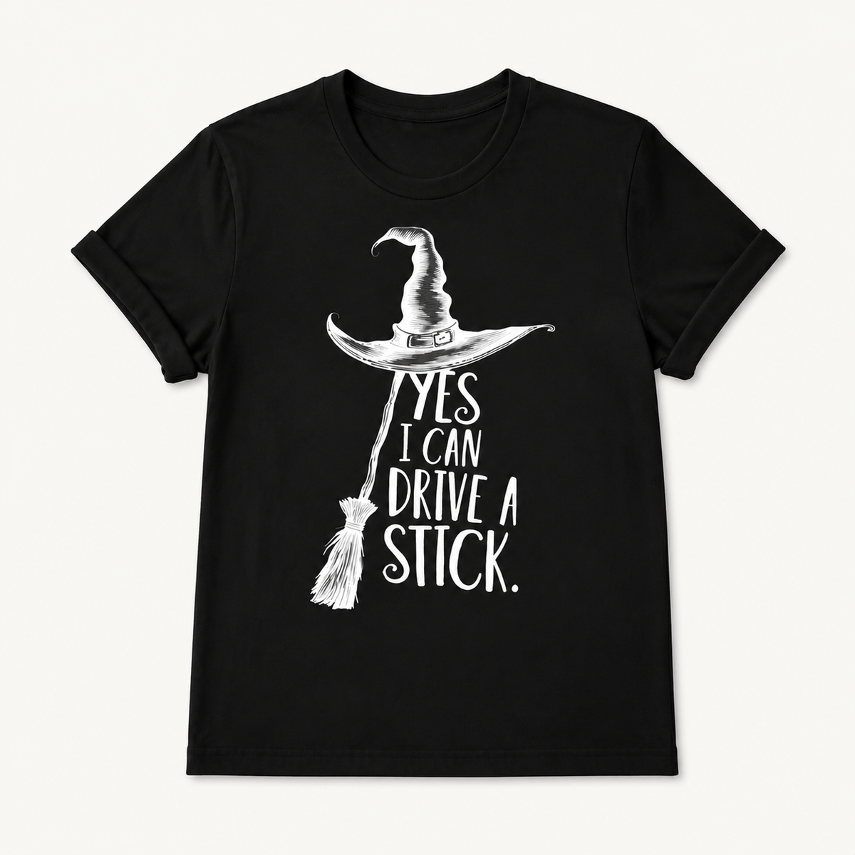 Women's Loose-Fit Oversized Cotton T-Shirt – Fun Halloween Graphic (Witch Hat & Broom)