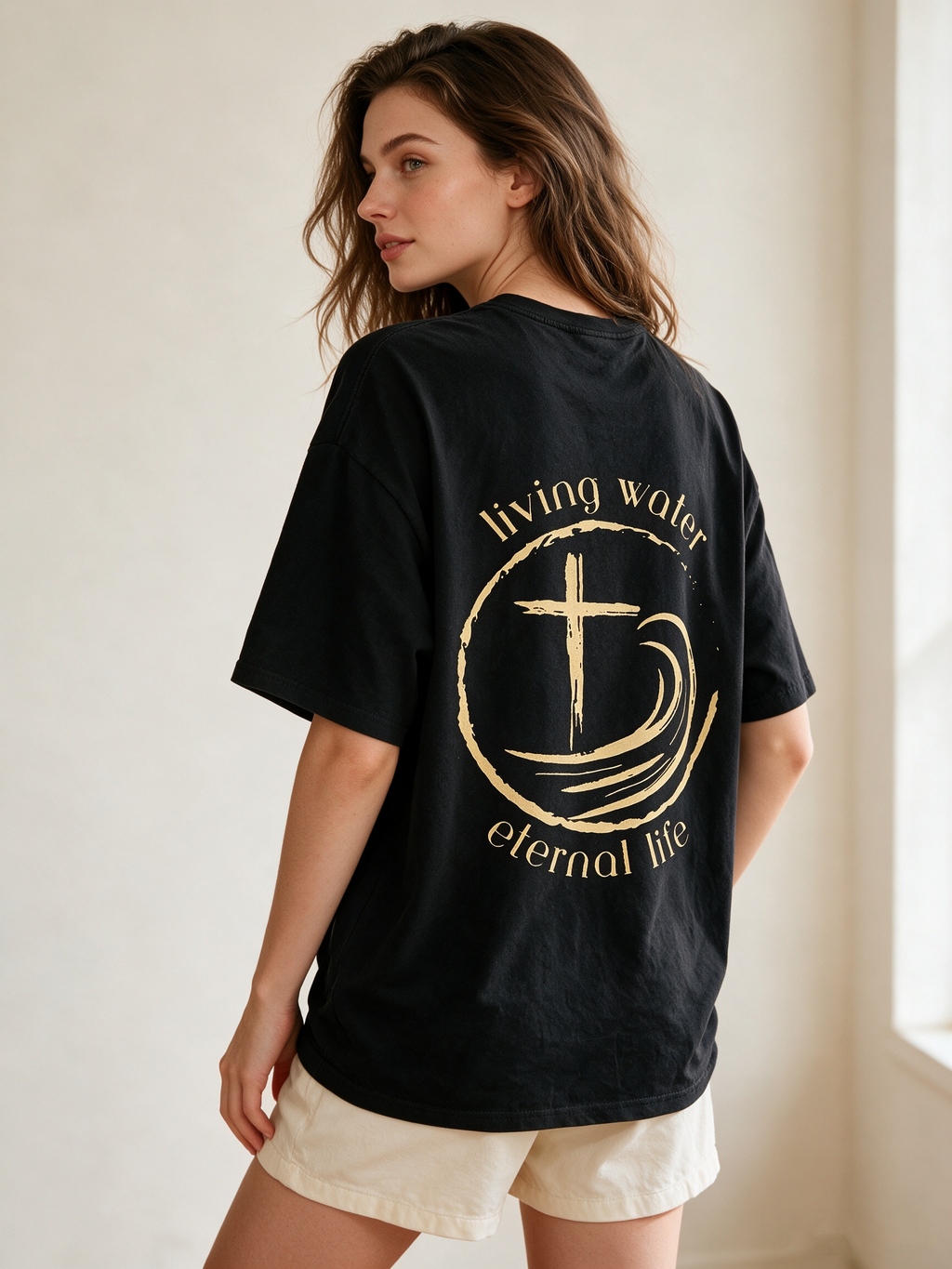 "Living Water" Cross and Ocean Wave Double-Sided Print T-Shirt – 100% Cotton, Distressed Washed Finish, Loose-Fit Short-Sleeve Tee with Religious/Faith Theme