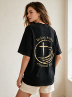 "Living Water" Cross and Ocean Wave Double-Sided Print T-Shirt – 100% Cotton, Distressed Washed Finish, Loose-Fit Short-Sleeve Tee with Religious/Faith Theme