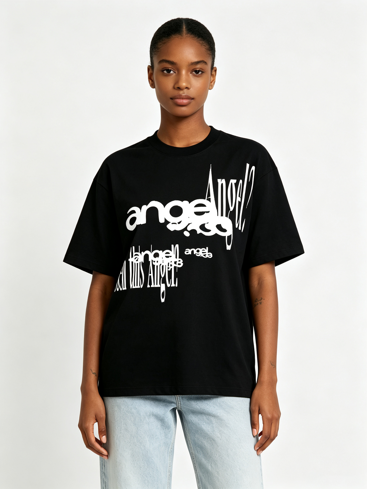 Black 100% Cotton Short-Sleeve T-Shirt – Oversized, High-Street Hip-Hop Style for Women – Featuring Distressed/Distorted "Angel" Lettering Print