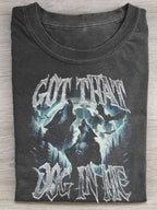 1pc Men'S Heavyweight 230gsm Vintage Washed T-Shirt - Gothic "Got That Dog In Me" Graphic Print, & Retro Streetwear Tee, Round Neck Casual Summer Shirt for Men, All-Season Fit Statement Top