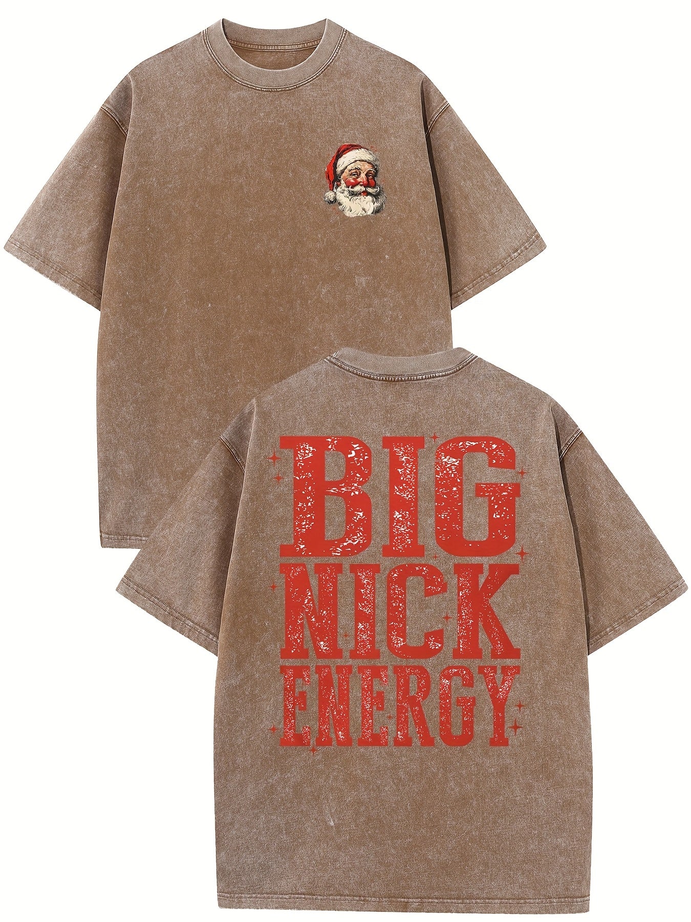 Men'S Vintage Washed Heavyweight T-Shirt - Big Nick Energy Retro Graphic Print with Santa Hat & Red Lettering, Oversized Relaxed Fit, All-Season Casual Round Neck Short Sleeve Tee for Christmas & Casual Attire