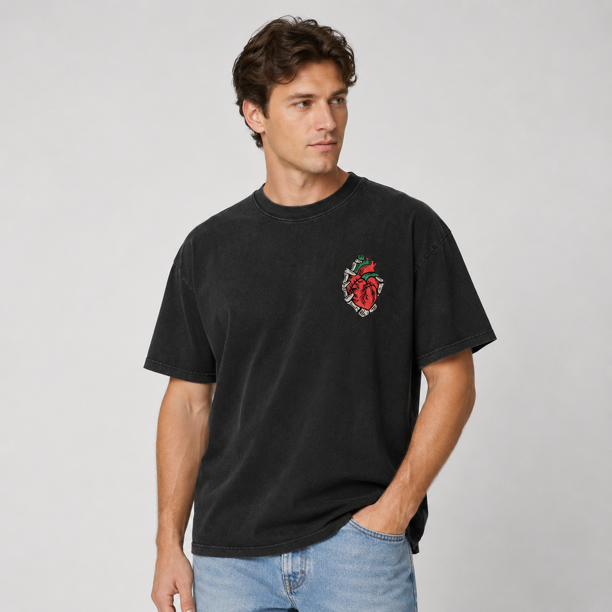American-style "Proverbs 3:5" graphic T-shirt—oversized, 100% cotton, black with a vintage wash, and featuring double-sided prints.