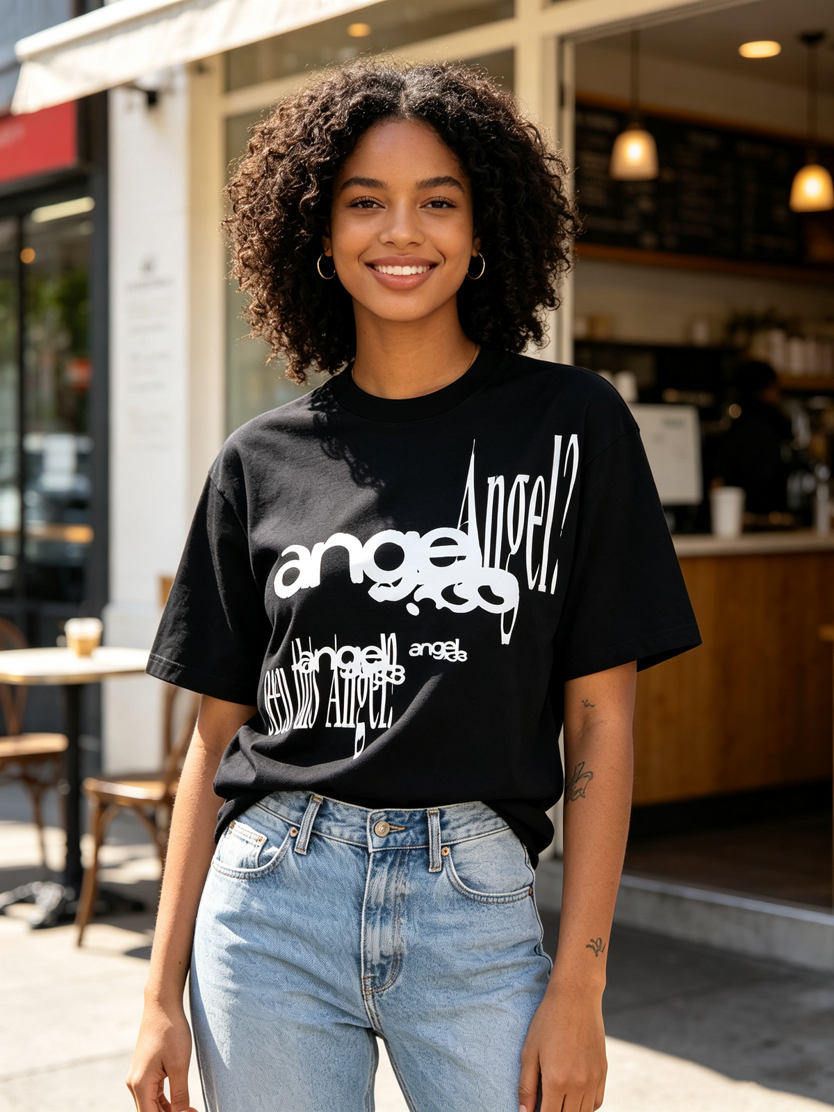 Black 100% Cotton Short-Sleeve T-Shirt – Oversized, High-Street Hip-Hop Style for Women – Featuring Distressed/Distorted "Angel" Lettering Print