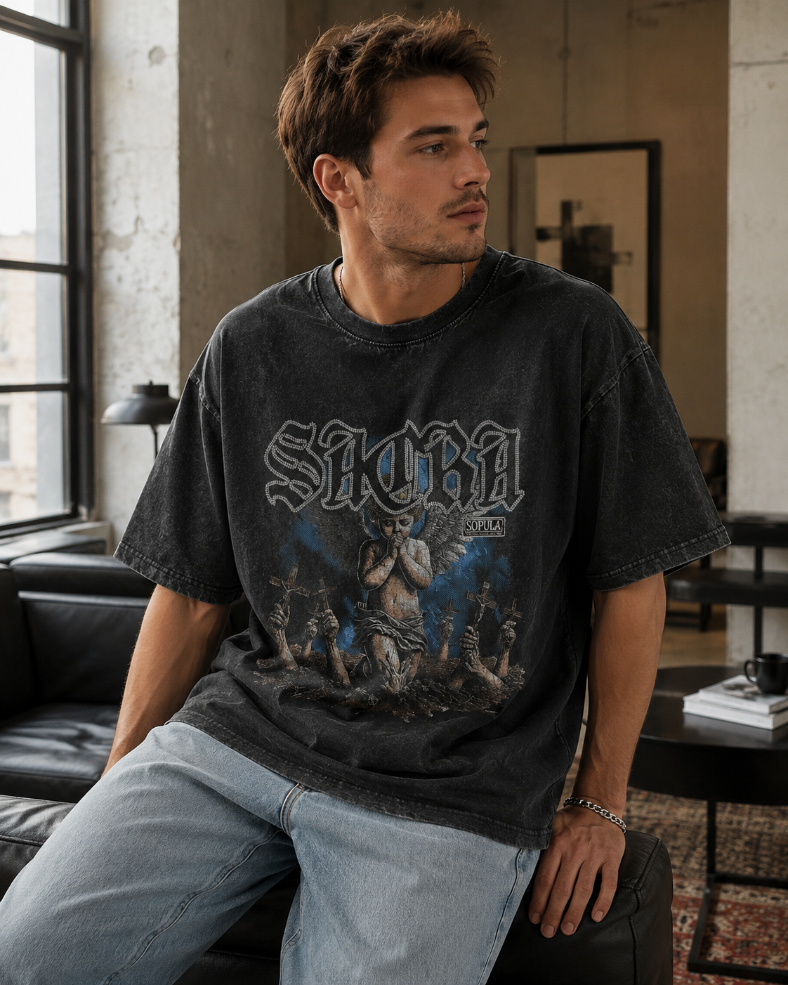 American-style vintage "dirty-wash" Angel-print T-shirt—a versatile, distressed, and faded unisex short-sleeve tee; a perfect choice for summer.
