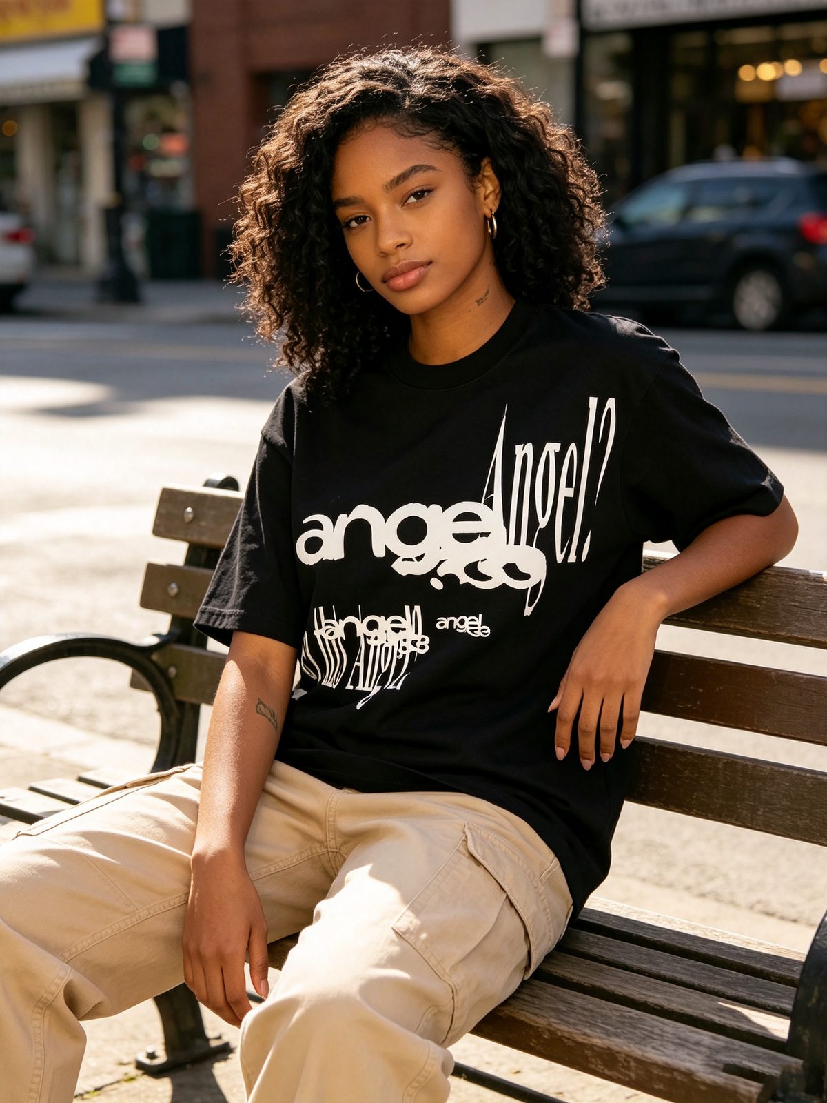 Black 100% Cotton Short-Sleeve T-Shirt – Oversized, High-Street Hip-Hop Style for Women – Featuring Distressed/Distorted "Angel" Lettering Print