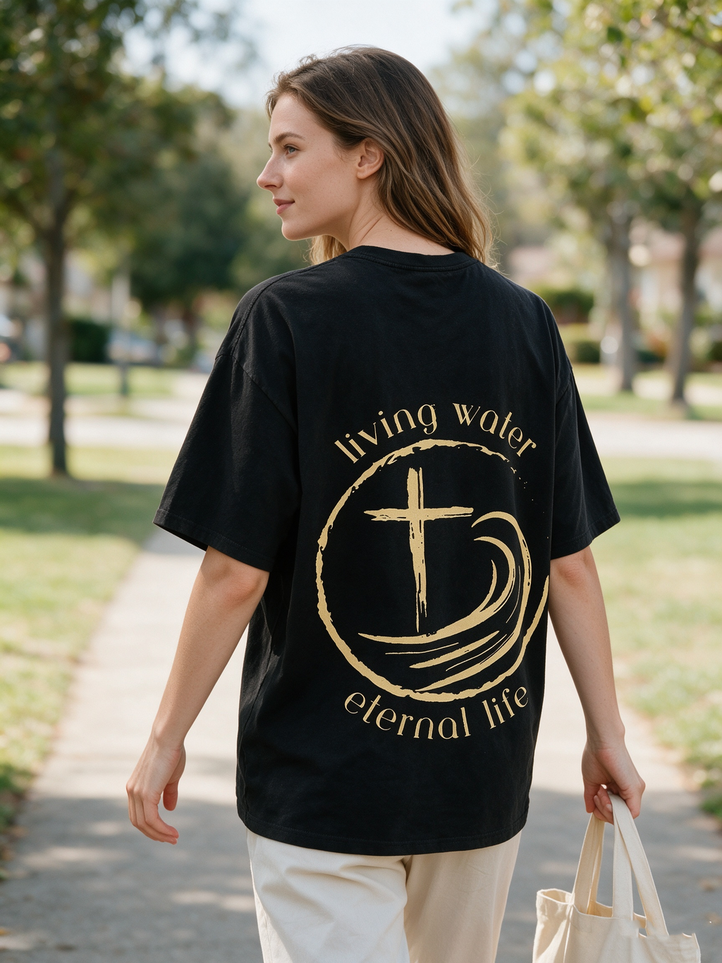 "Living Water" Cross and Ocean Wave Double-Sided Print T-Shirt – 100% Cotton, Distressed Washed Finish, Loose-Fit Short-Sleeve Tee with Religious/Faith Theme