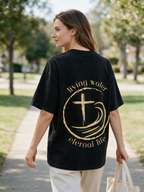 "Living Water" Cross and Ocean Wave Double-Sided Print T-Shirt – 100% Cotton, Distressed Washed Finish, Loose-Fit Short-Sleeve Tee with Religious/Faith Theme