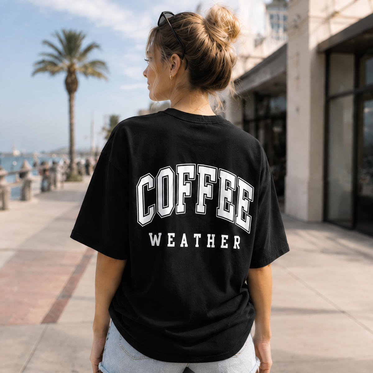 Women's Oversized Preppy-Style Short-Sleeve Cotton T-Shirt – Coffee-Themed, Washed/Distressed Finish, Double-Sided Lettering