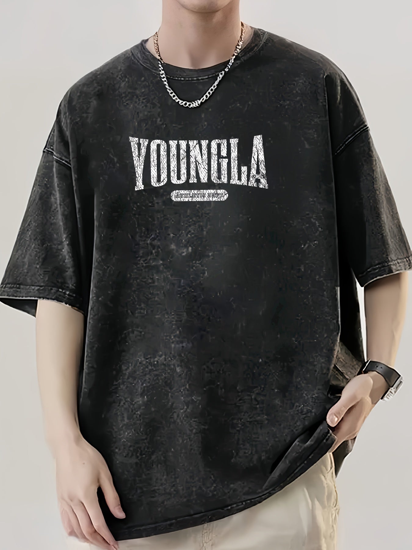 Oversized 100% Vintage Washed YOUNGLA Pattern Loose Street Style Print Top | Eye-catching Large Letter Design, Brown Distressed Effect, Crew Neck, Short Sleeve, Suitable for Men and Teenagers, All-season Wear, Durable Fabric, High-Quality Print