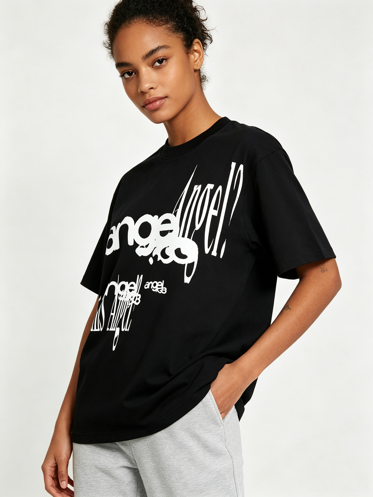 Black 100% Cotton Short-Sleeve T-Shirt – Oversized, High-Street Hip-Hop Style for Women – Featuring Distressed/Distorted "Angel" Lettering Print