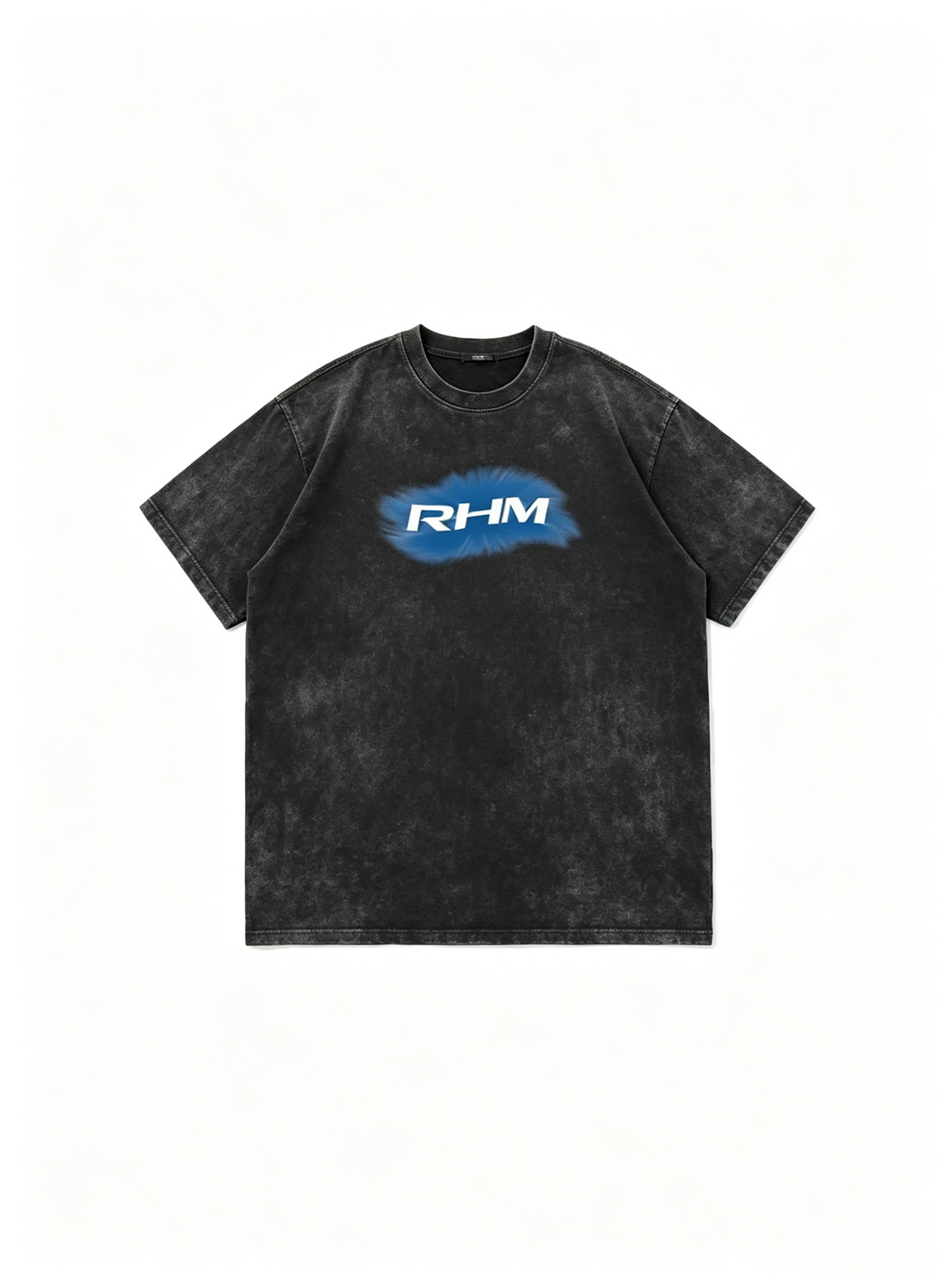 Women's High-Street Minimalist Oversized Drop-Shoulder T-Shirt – Washed Blue-Mist Finish with "RHM" Lettering