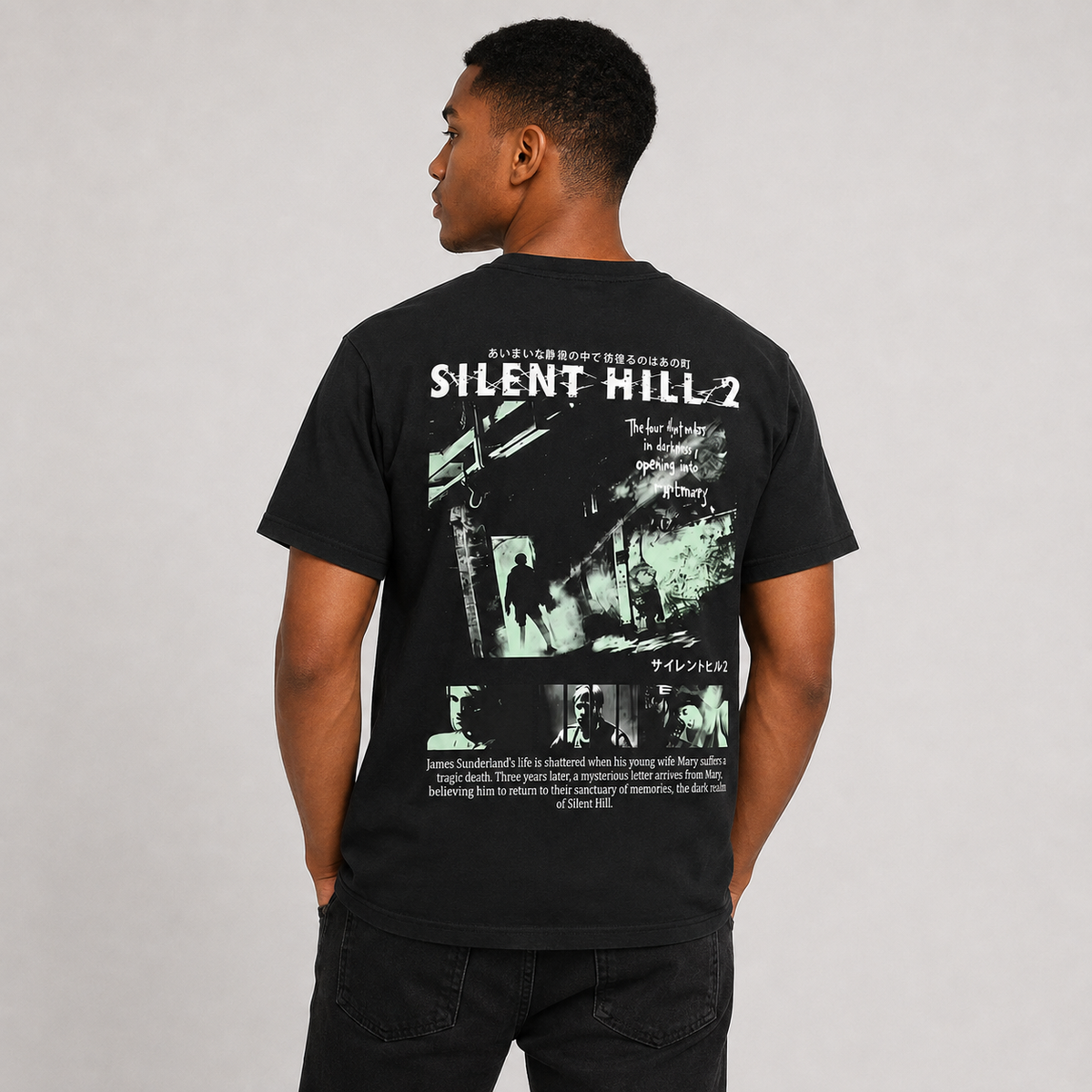 Horror-themed distressed black short-sleeve T-shirt; 100% cotton, oversized fit; *Silent Hill 2* poster-style vintage casual tee.