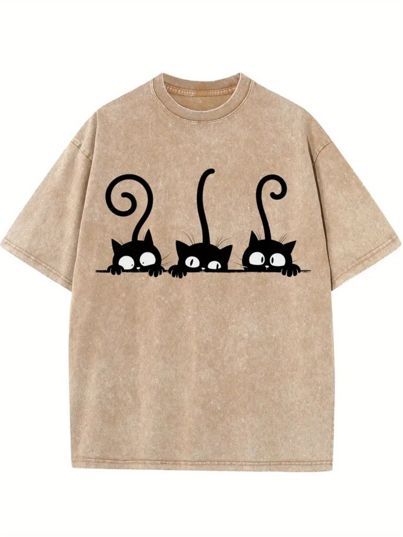 Men's 230g Heavyweight Vintage Washed T-Shirt - Beige with Black Cat & Bat Print, Loose Fit Short Sleeve Round Neck, Cute Bat suitable for halloween & spring/summer Layering, Machine Washable Casual Shirt for Year-Round Wear (Cat & Bat Design)