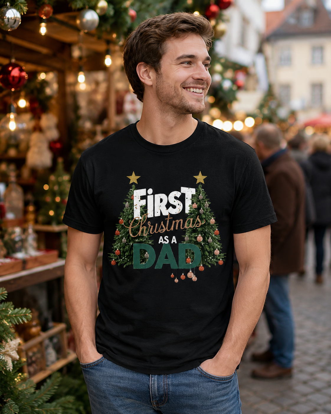 American-style washed retro print short-sleeved T-shirt for new dads' first Christmas - Heavyweight oversized men's holiday commemorative T-shirt.