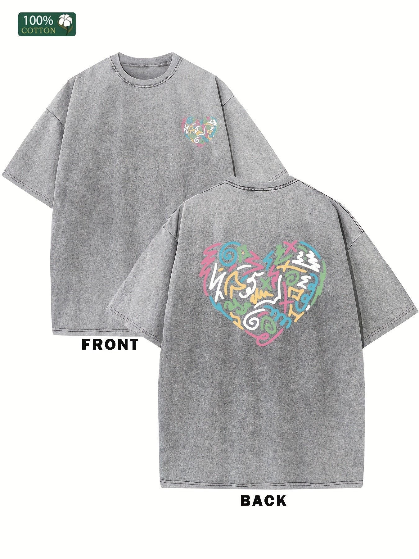 Men'S Oversized Heavyweight T-Shirt - Acid-Wash Vintage Streetwear Tee with Color Block Heart Graphic & Geometric Print, Drop Shoulder Loose Fit Hip Hop Unisex Round Neck Casual Shirt for Men & Women