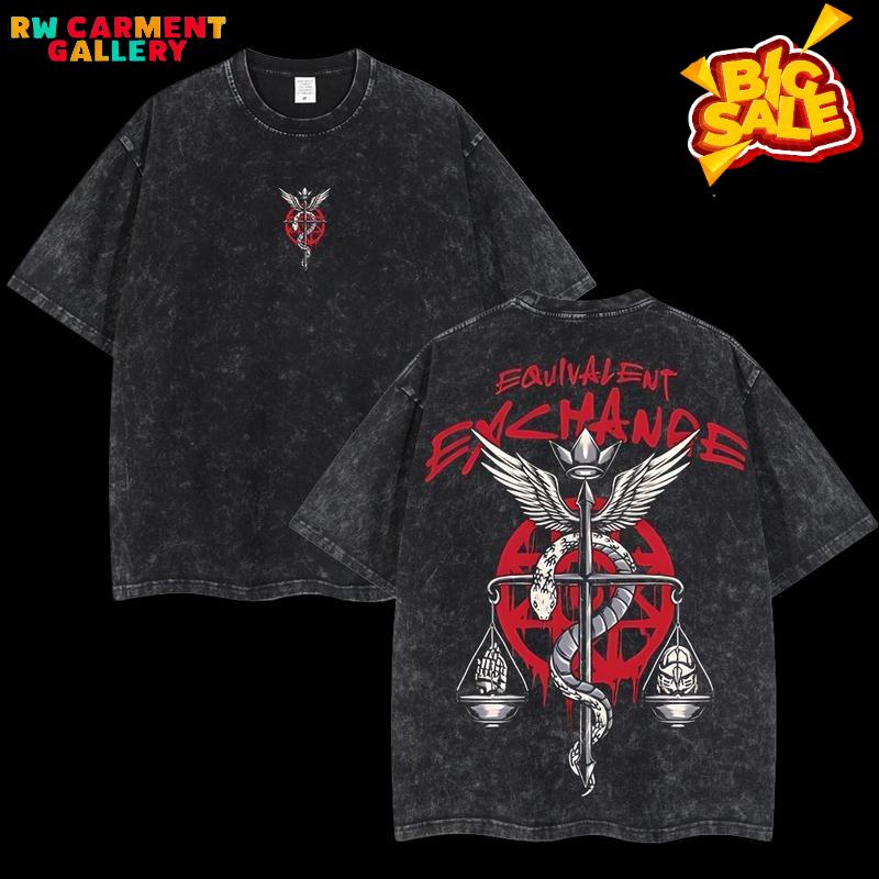 Retro Heavy Equivalent Exchange - Fullmetal Alchemist Anime Double Printed Vintage Oversized Washed Tee Unisex Oversize Anime Manga Acid Washed Lightweight Cotton T-Shirt, Hoodies & Sweater Wash Gift For Anime Fan, Anime Lover TikTokShopBlackFriday