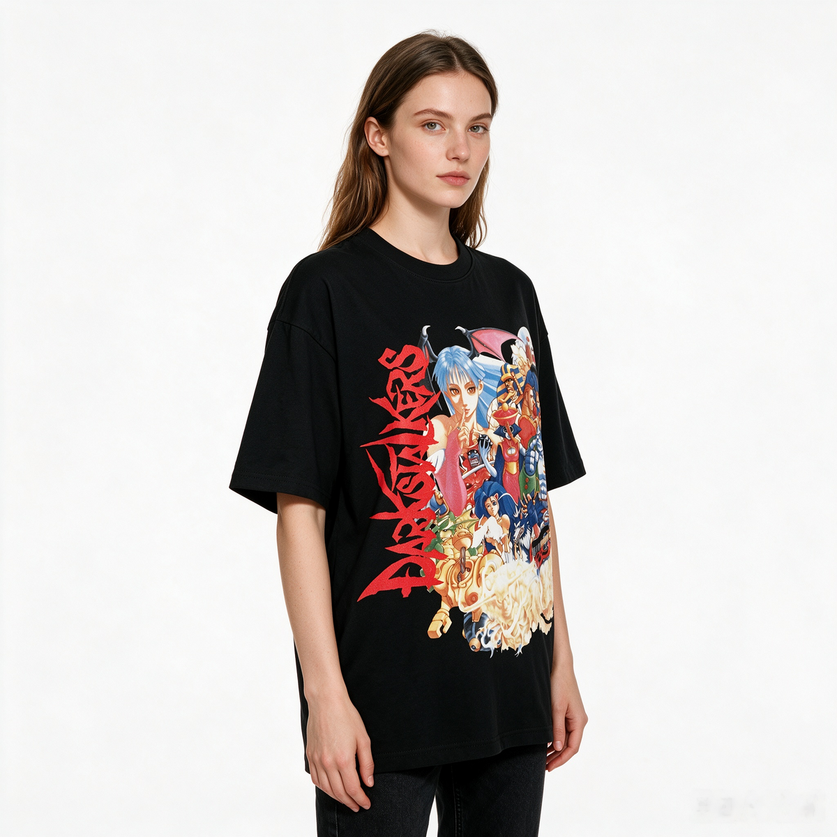 Pure Cotton Retro Gaming Character Graphic T-Shirt – Darkstalkers Nostalgic Arcade Style – Oversized Loose-Fit Trendy Women's Top