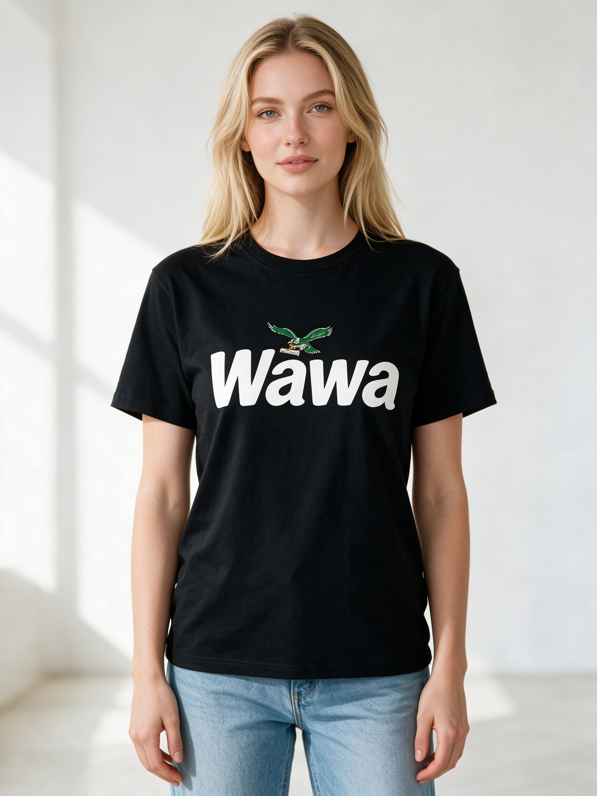 Wawa Flying Eagle Print T-Shirt – 100% Cotton Black Short-Sleeve Tee (American Fan Culture Style)