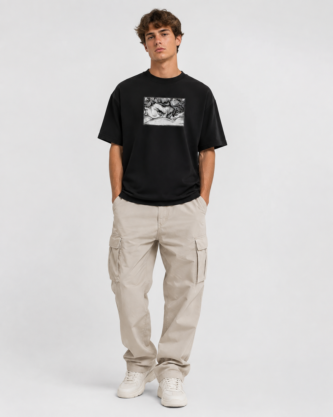 Vintage-Washed Black T-Shirt – "Fallen Angel" (Ancient Greek Sculpture Graphic) – Dark Gothic/Wasteland Aesthetic – Unisex Loose-Fit Streetwear Tee