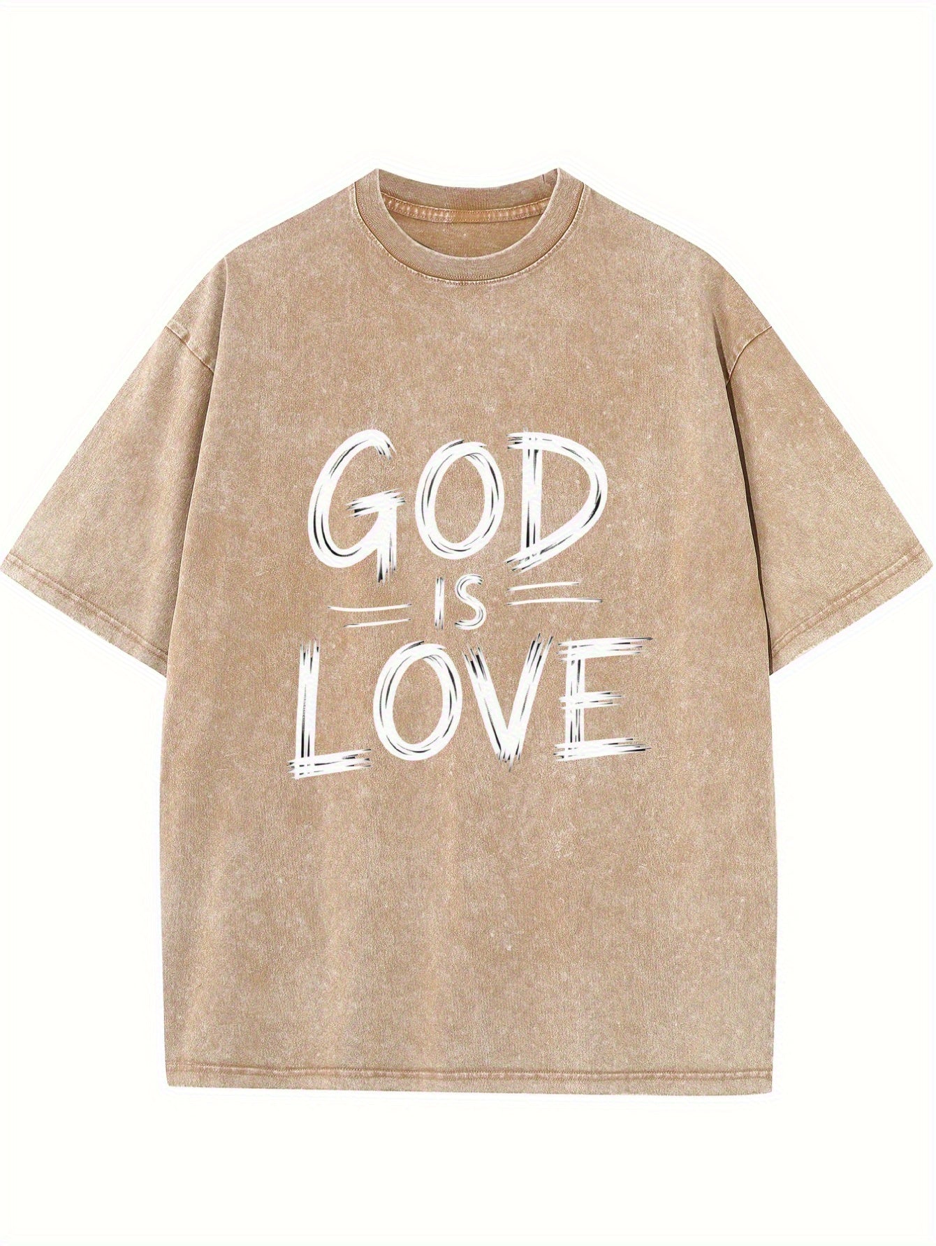 Vintage 'GOD IS LOVE' Short Sleeve Shirt with Bold White Lettering - Soft Washed Beige Cotton Breathable Loose Fit T-Shirt Suitable for Daily Wear & Parties, Machine Washable Faith Apparel