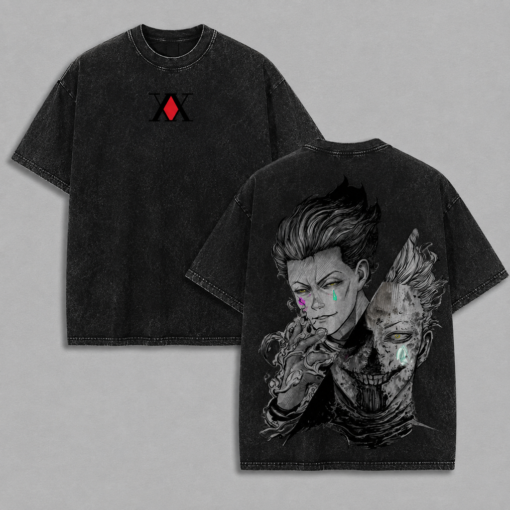 Vintage-Wash Short-Sleeve T-Shirt | *Hunter x Hunter* Hisoka Double-Sided Dark Split-Portrait Oversized High-Street Unisex Tee