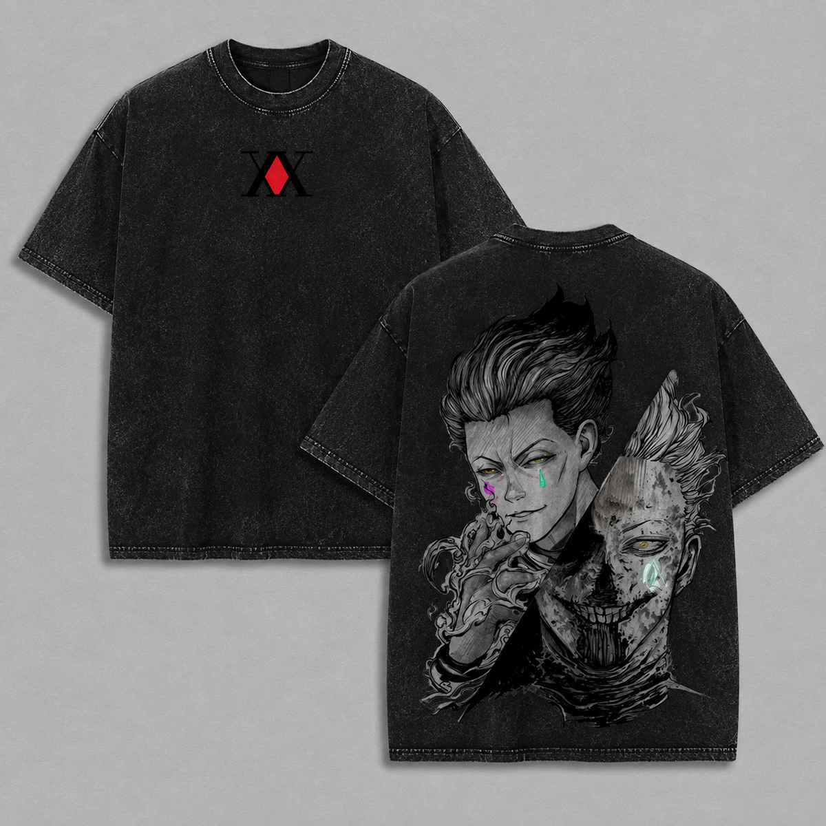 Vintage-Wash Short-Sleeve T-Shirt | *Hunter x Hunter* Hisoka Double-Sided Dark Split-Portrait Oversized High-Street Unisex Tee