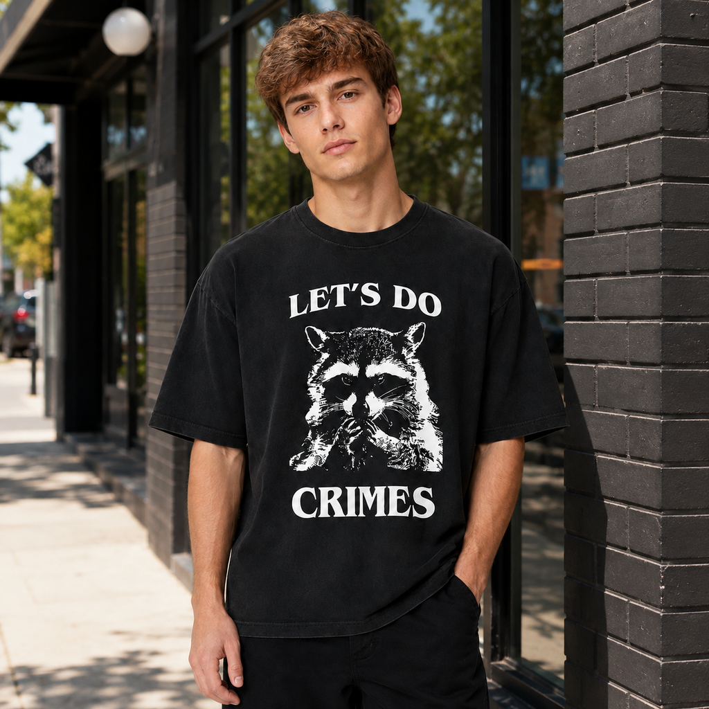 Heavyweight Cotton Oversized T-Shirt – Washed & Distressed Finish with Fun Raccoon Meme Print – American-Style Humorous Streetwear Top