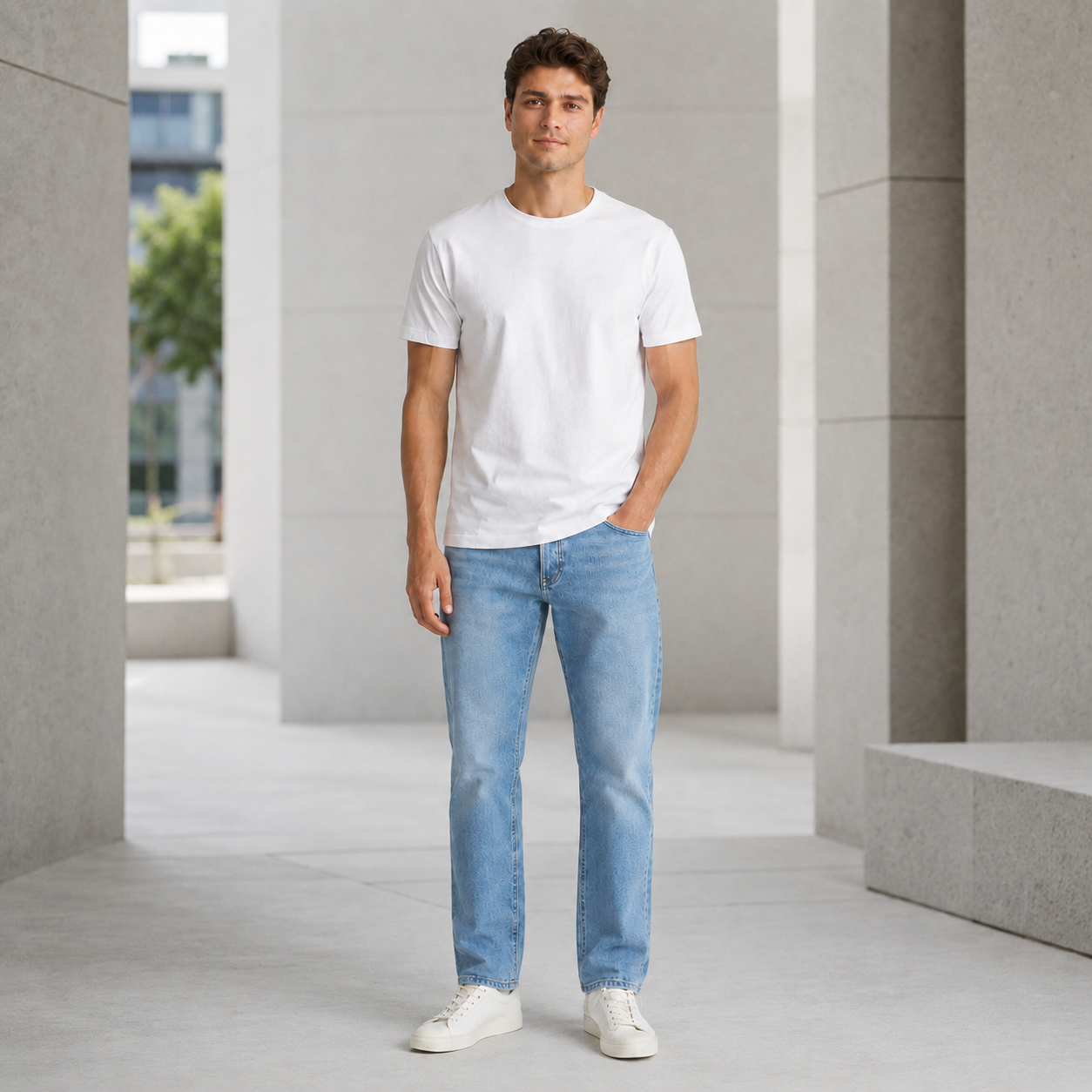 Men's white pure cotton crew-neck T-shirt—a versatile wardrobe essential.