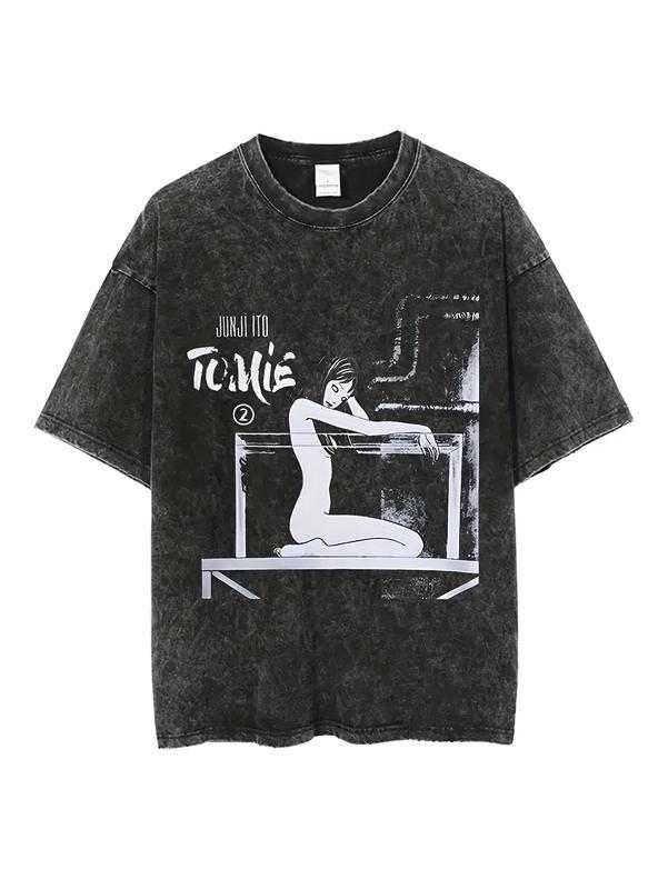 Couples Vintage Washed Print T Shirt Featuring Minimalist Nude Artwork With Geometric Frame Design Round Neck Short Sleeve Loose Fit Straight Hem Graphic Tee