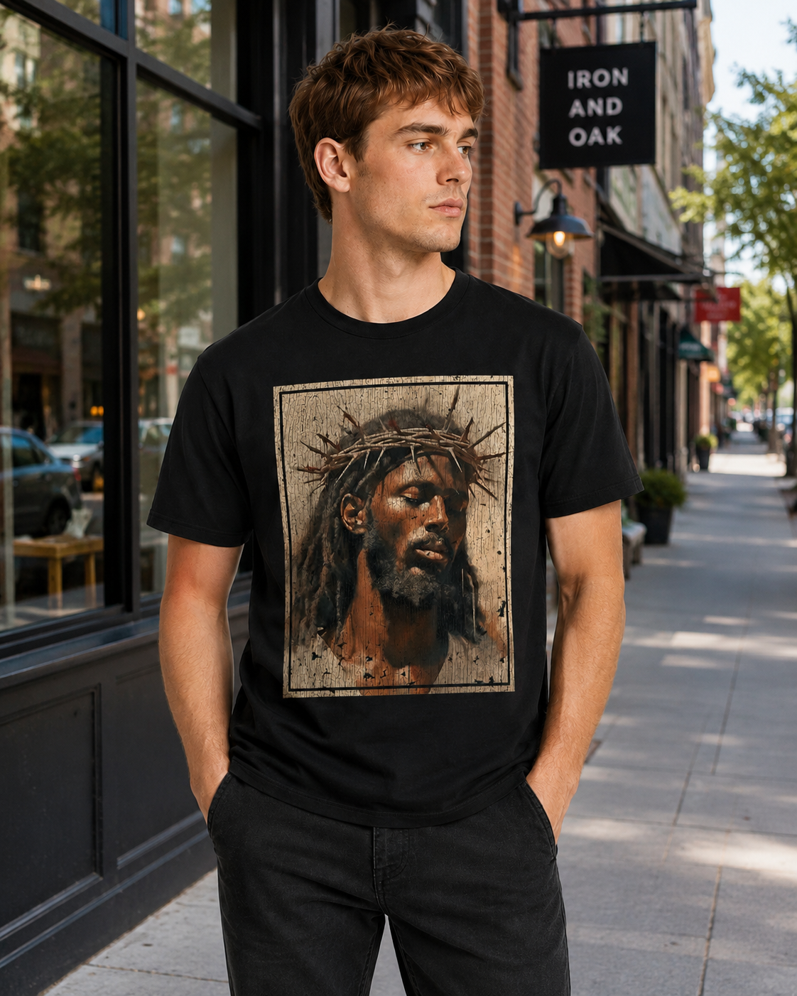 Vintage-Wash Short-Sleeve T-Shirt | Oversized Unisex Fit – Distressed Print Featuring "Black Jesus" with Crown of Thorns