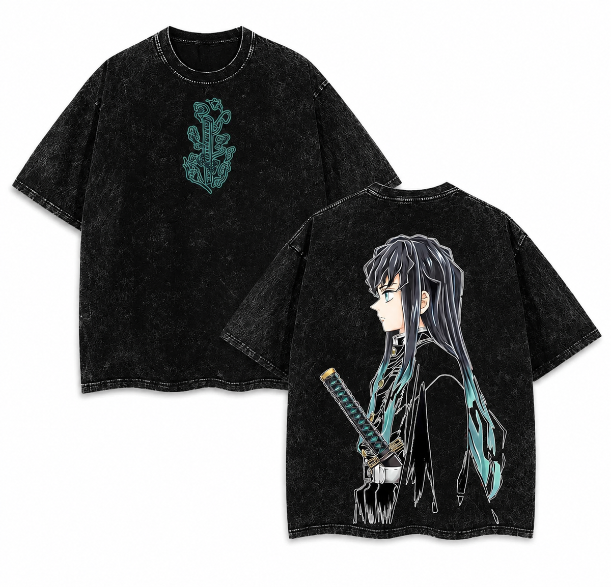 Demon Slayer: Kimetsu no Yaiba Mist Hashira Muichiro Tokito Sword Pattern Stonewashed Distressed T-Shirt, Drop-Shoulder Loose Fit, Heavyweight Cotton, European and American Style, Unisex, Retro Couple Top